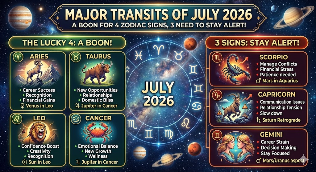 Major Transits of July 2026: A Boon for 4 Zodiac Signs, 3 Need to Stay Alert! | Skill Astro