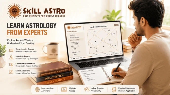 Student studying an online astrology course on a laptop showing a North Indian birth chart Student studying an online astrology course on a laptop showing a North Indian birth chart